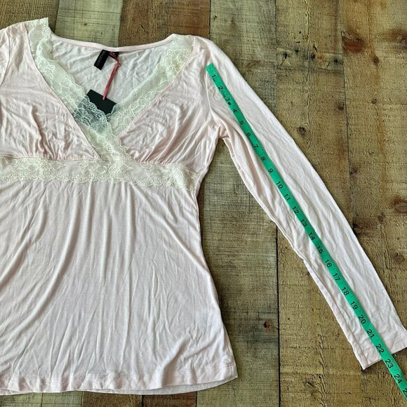 Y2K 2000's Womens Size Small Lace-Trimmed Blush Pink Long Sleeve V-Neck Cute Top - Picture 5 of 8